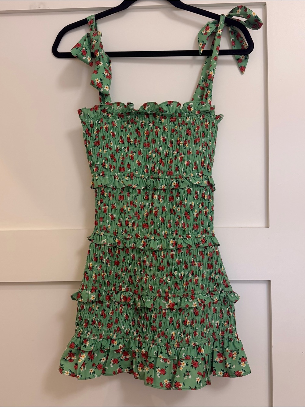 Green Floral Tie-Shoulder Mini Dress